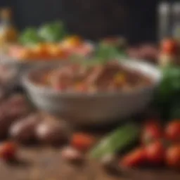 A bowl filled with fresh vegetables and meats for dog meals