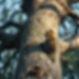 A cat skillfully climbing a tall oak tree