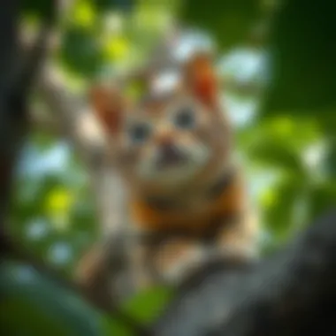 Vantage Point: A Cat's Perspective From Above A curious cat observing its surroundings from a tree branch