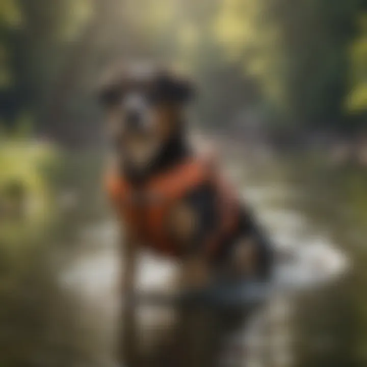 A serene scene of several dogs swimming happily with life jackets in a lake