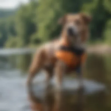 Pet owner fitting a life jacket on a dog, ensuring a secure and comfortable fit