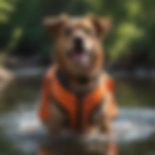 A joyful dog wearing a bright orange life jacket while playing in the water