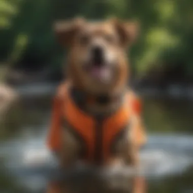 A Dog's Joy in Water Safety A joyful dog wearing a bright orange life jacket while playing in the water