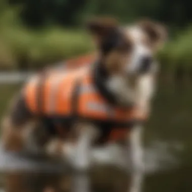 Close-up of a dog water life jacket showcasing its reflective strips and buoyancy features