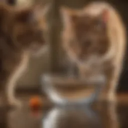 Cat playfully placing a toy in a water bowl