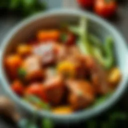 A vibrant bowl filled with fresh vegetables and meat suitable for dogs