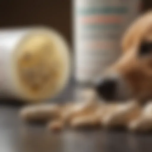 Close-up of a dog's joint with a glucosamine supplement bottle in the background.