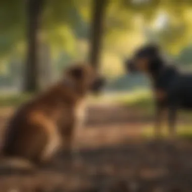 A dog calmly observing a person in a park