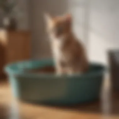 A clean litter box with a kitten nearby