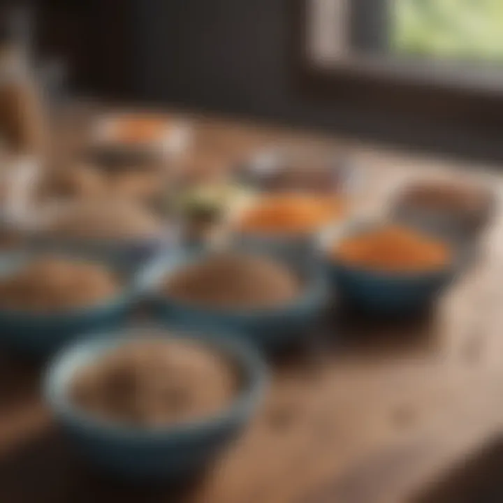 A variety of dog food options displayed in bowls