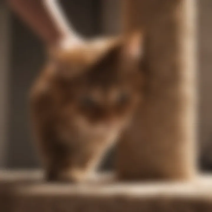 Cat owner demonstrating effective training on scratching post