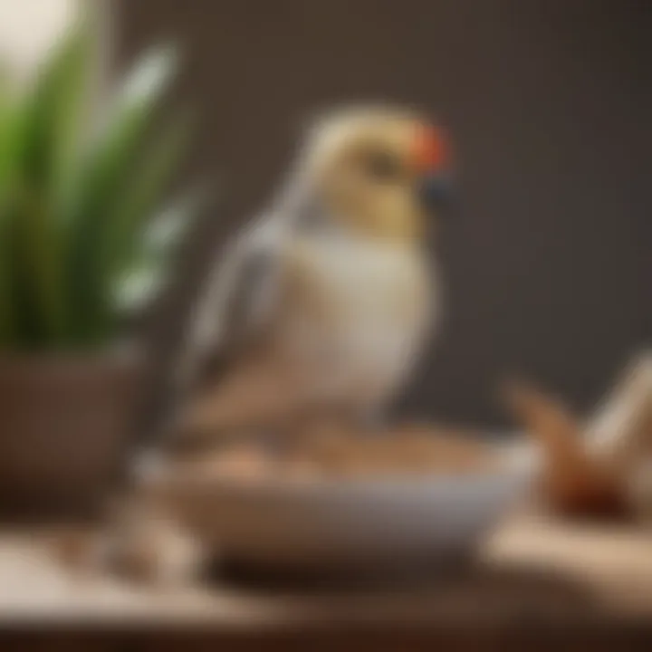 Cockatiel perched next to a bowl of balanced bird food