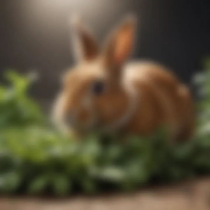 Fluffy rabbit munching on fresh greens