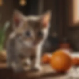 A five-week-old kitten playfully exploring its surroundings.
