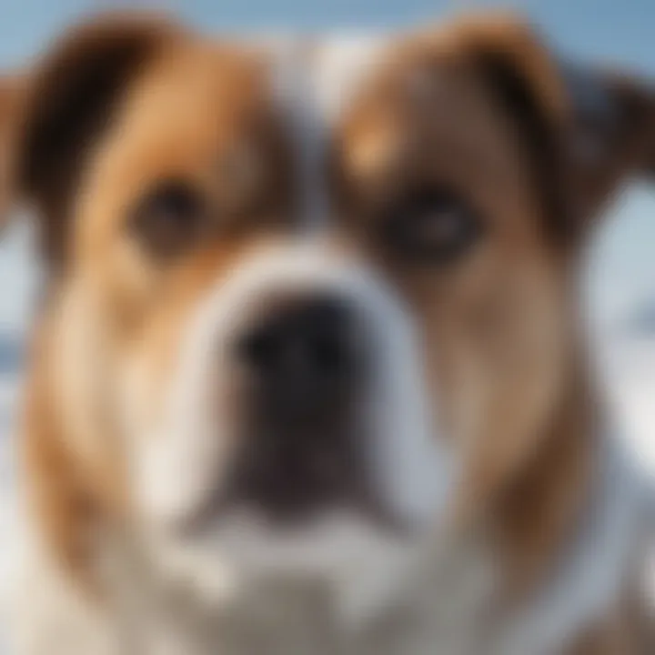 A dog playing in the snow with a noticeable snow nose