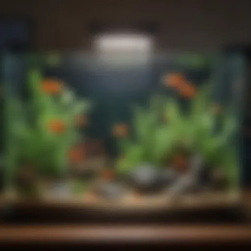 Illustration of a battery-operated fish tank heater in a vibrant aquarium setting