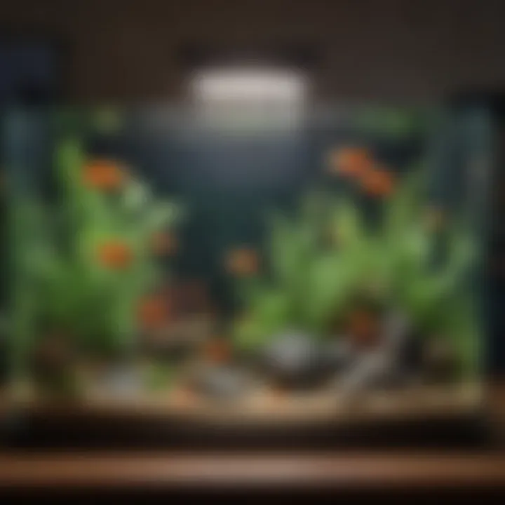 Illustration of a battery-operated fish tank heater in a vibrant aquarium setting