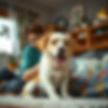 A pet owner comforting their dog at home