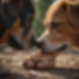 Dog licking its paws in a serene setting
