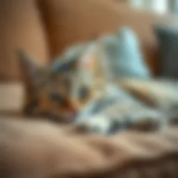 A tired cat lying on a couch, looking lethargic