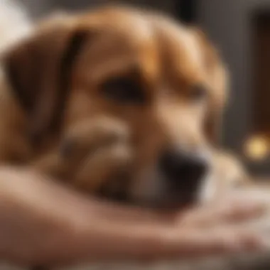 Grieving pet owner holding dog's paw