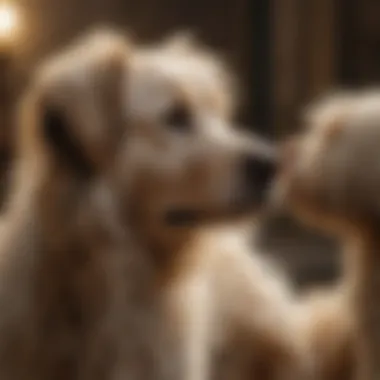 A dog with a tangled coat being gently brushed