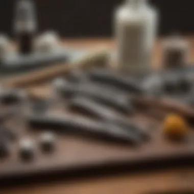 A variety of dematting tools displayed on a grooming table