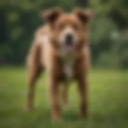 A dog exhibiting back leg shaking while standing on grass