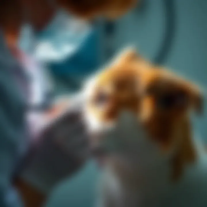 Veterinarian examining a dog's eye post-surgery