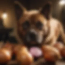 Illustration of a dog with an onion, showcasing the potential danger of onion toxicity