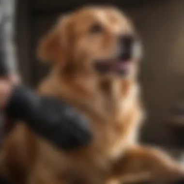 A golden retriever enjoying a grooming session with a dog petting glove