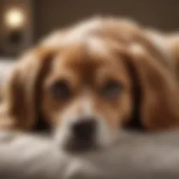 A dog looking distressed, lying on a bed.