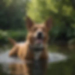 A dog swimming in a lake with visible water ripples