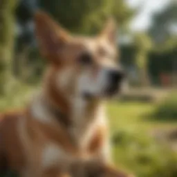 A dog scratching its ear in a sunny garden