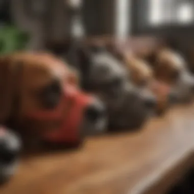 Different types of loose muzzles displayed on a table