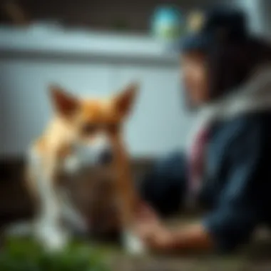 Dog owner observing lump on dog's leg with concern