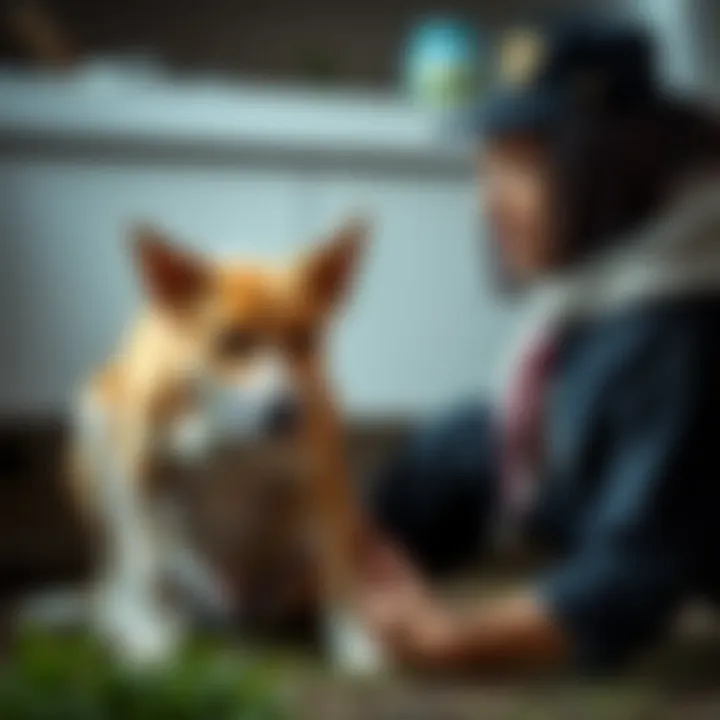 Dog owner observing lump on dog's leg with concern