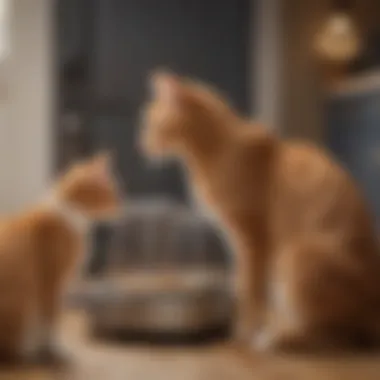 A pet owner interacting with a multi-day cat feeder in a home setting.