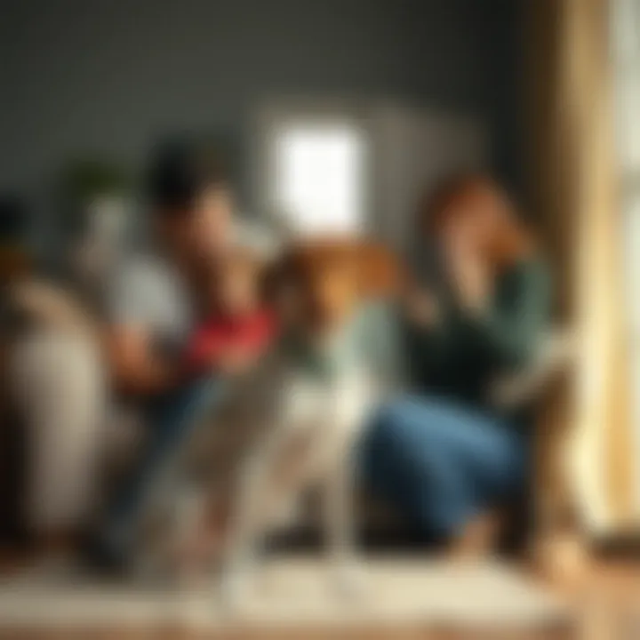 A family enjoying time with their pointer dog in a home environment