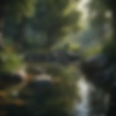 A serene pond landscape with lush vegetation and fish swimming near air stones