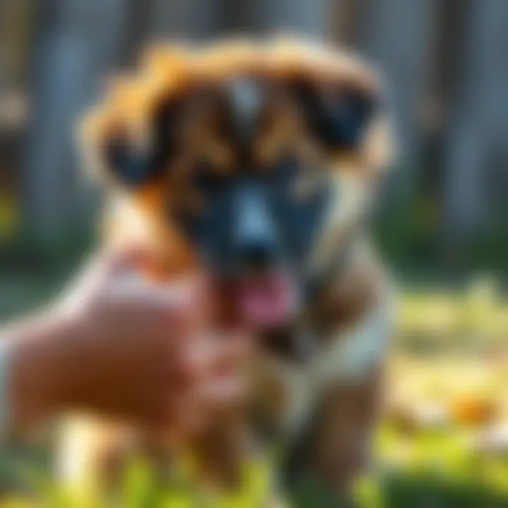 A pet owner correcting a puppy's behavior with positive reinforcement.