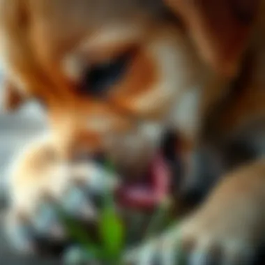 Close-up of a puppy licking its paw, showcasing natural behavior