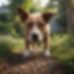 A curious dog investigating a yard