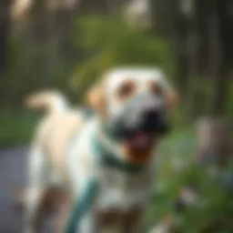 Labrador wearing a comfortable muzzle during a walk