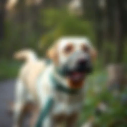 Labrador in a Muzzle on a Walk Labrador wearing a comfortable muzzle during a walk