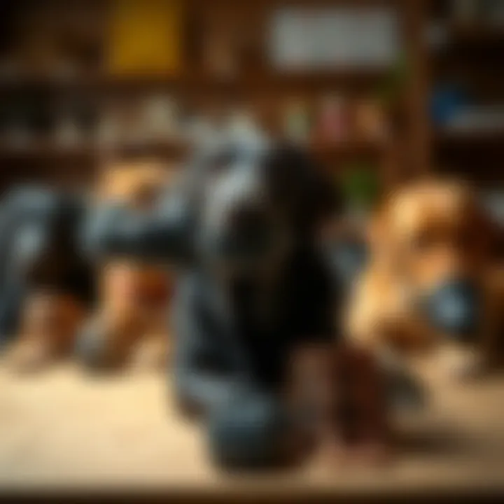 Different Muzzles for Labradors Various types of muzzles for Labradors displayed on a table