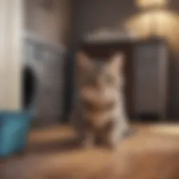 Illustration of a cat looking confused near a litter box