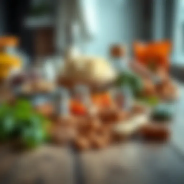 Various dog food ingredients displayed on a wooden surface.