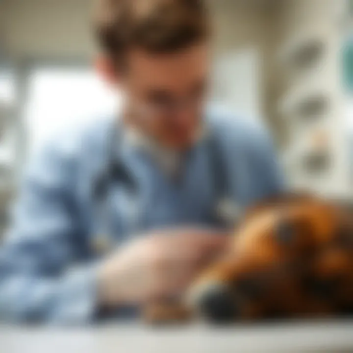 A veterinarian examining a dog's skin during a check-up.