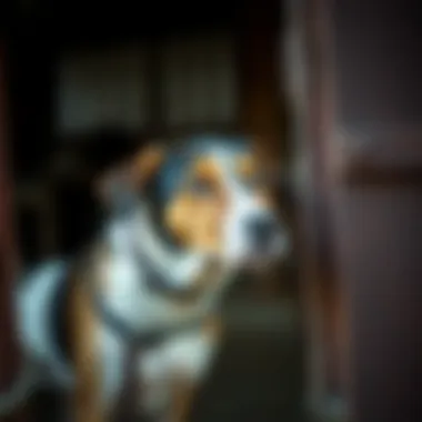 A dog guarding a barn with a watchful gaze